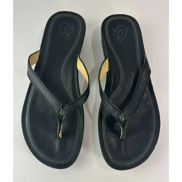 Olukai Ola Full Grain Leather Flip Flops Black Slides Women's Size 10 Sandals - Picture 13 of 14